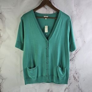 Talbots Cardigan Womens Large Green Short Sleeve Sweater Kelly Pockets